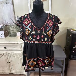 Savanna Jane Black Blouse with Colorful Embroidery